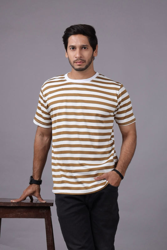 Men's Brown & White Striped Cotton T-Shirt – Casual Crew Neck Fit