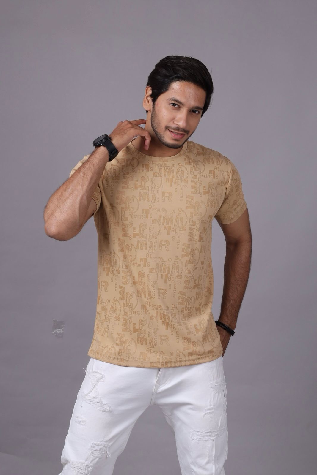 Men's Beige Graphic Print T-Shirt – Soft Cotton Casual Round Neck Tee