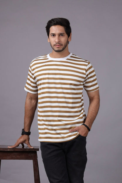 Men's Brown & White Striped Cotton T-Shirt – Casual Crew Neck Fit