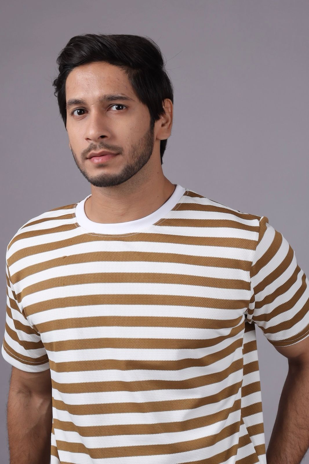 Men's Brown & White Striped Cotton T-Shirt – Casual Crew Neck Fit