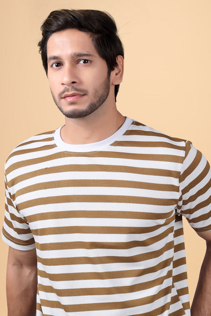 Men's Brown & White Striped Cotton T-Shirt – Casual Crew Neck Fit