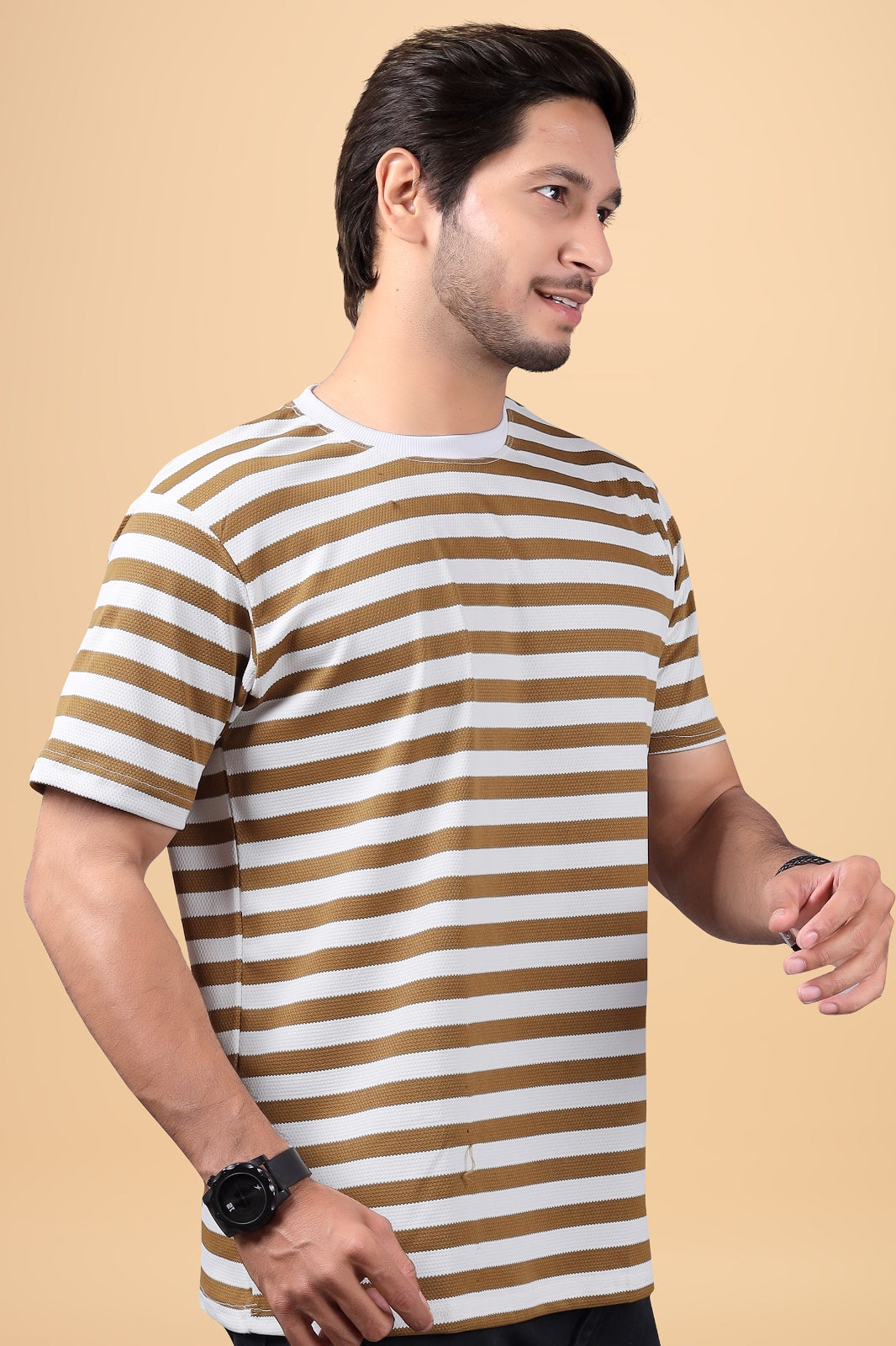 Men's Brown & White Striped Cotton T-Shirt – Casual Crew Neck Fit