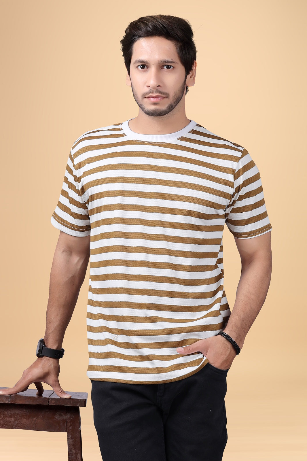 Men's Brown & White Striped Cotton T-Shirt – Casual Crew Neck Fit