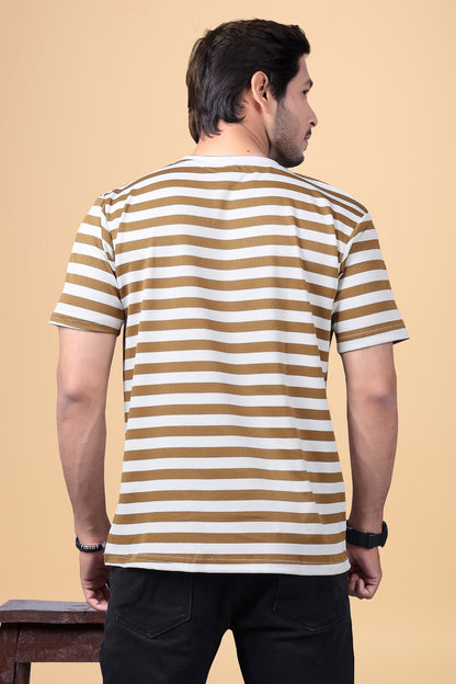 Men's Brown & White Striped Cotton T-Shirt – Casual Crew Neck Fit